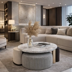 Pufa COCO – Designerska Okrągła Pufa Pepitka Glamour